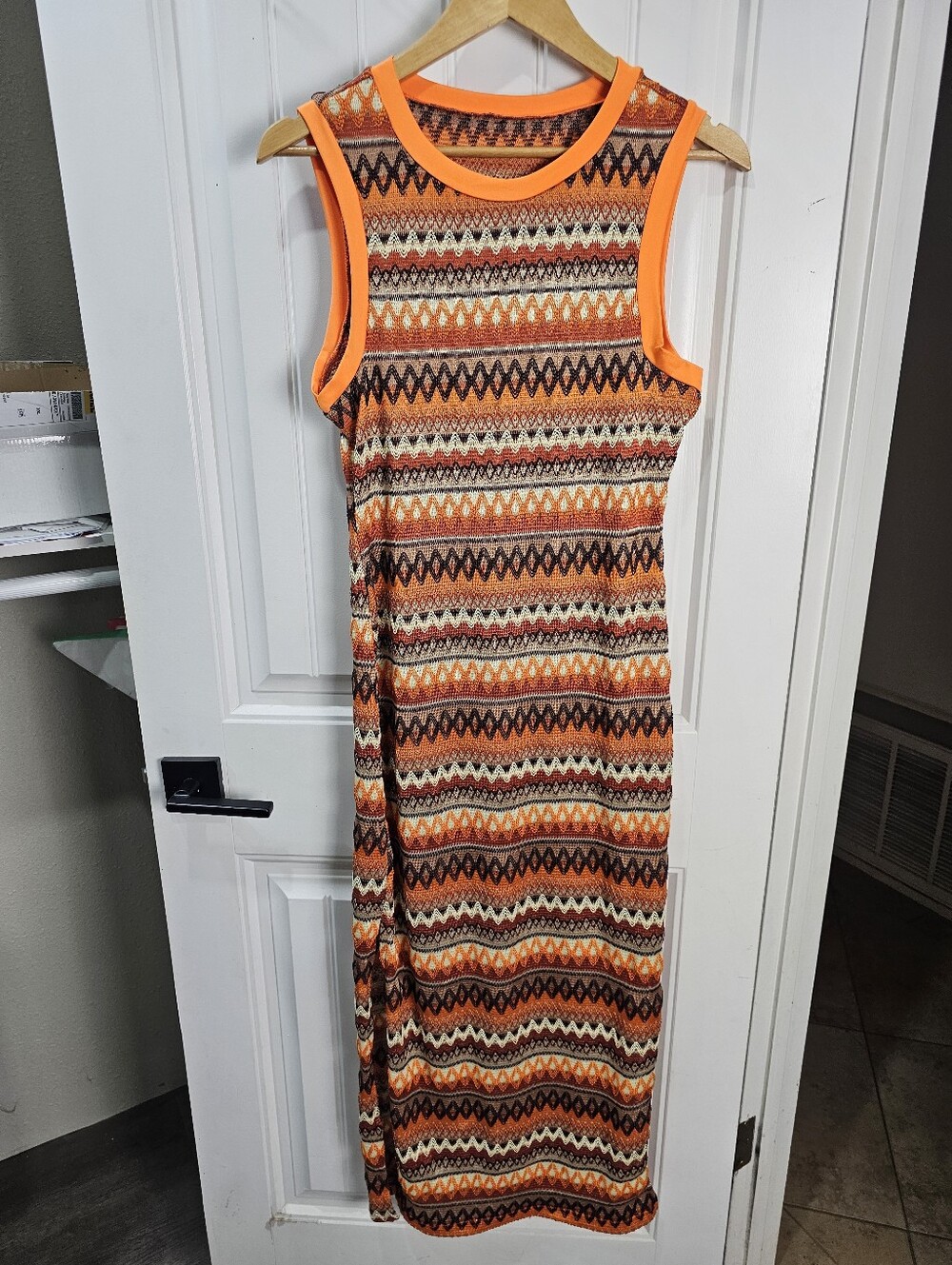 Geo Print Split Thigh Tank Maxi Dress Orange Brown Knit Size Large Pullover - Picture 3 of 11